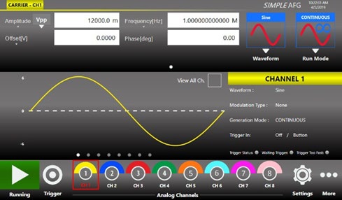 Simple Rider AFG touchscreen interface showing carrier amplitude, frequency, and waveform controls