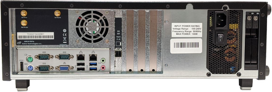 Model 675 rear panel with SMA reference connectors, USB, Ethernet, and digital pod connectors