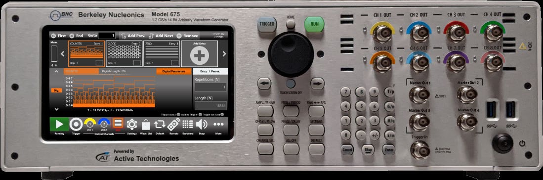 Model 675 front panel with touchscreen display, rotary control, and BNC output connectors