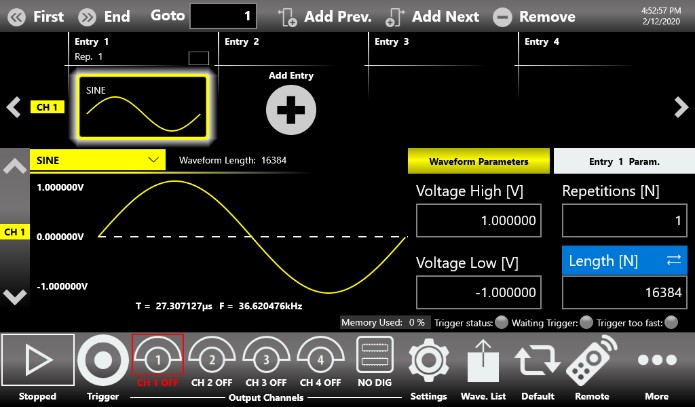 TrueArb waveform sequencer showing sequence entries, voltage high/low, repetitions, and length controls