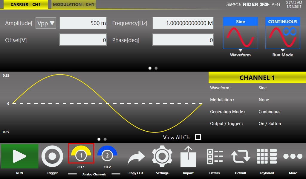 Simple Rider TrueArb interface showing arbitrary waveform on Channel 1 with carrier and modulation tabs