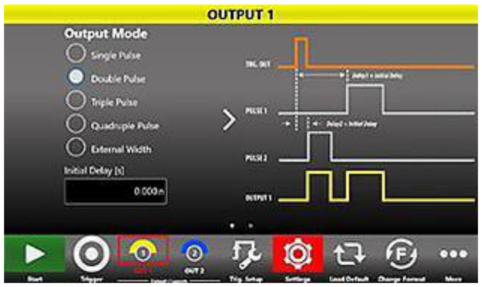 Model 765-HV multi-pulse mode: Output 1 combining PULSE1 and PULSE2 from a common trigger