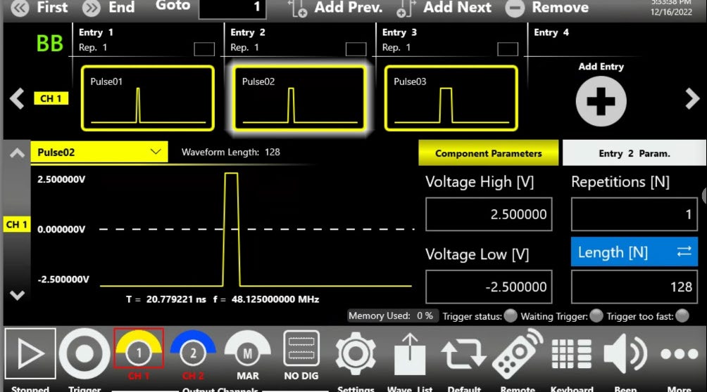 True-Arb user interface set up for multiple pulse generation