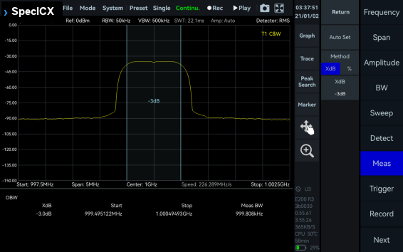 OBW measurement screen on the ICX-FieldHawk