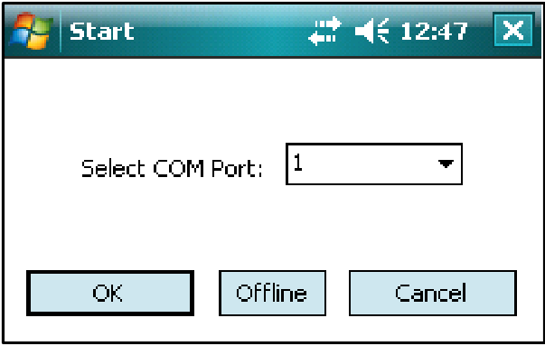 Connection screen with a Select COM Port dropdown set to 1, plus OK, Offline, and Cancel buttons.