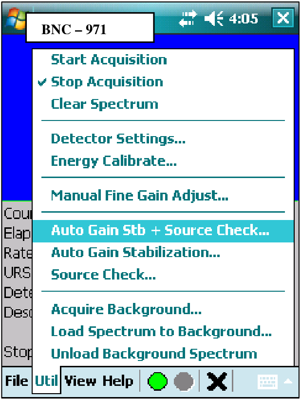 Util menu open with the Auto Gain Stb + Source Check item, alongside the live Spectrum Display.
