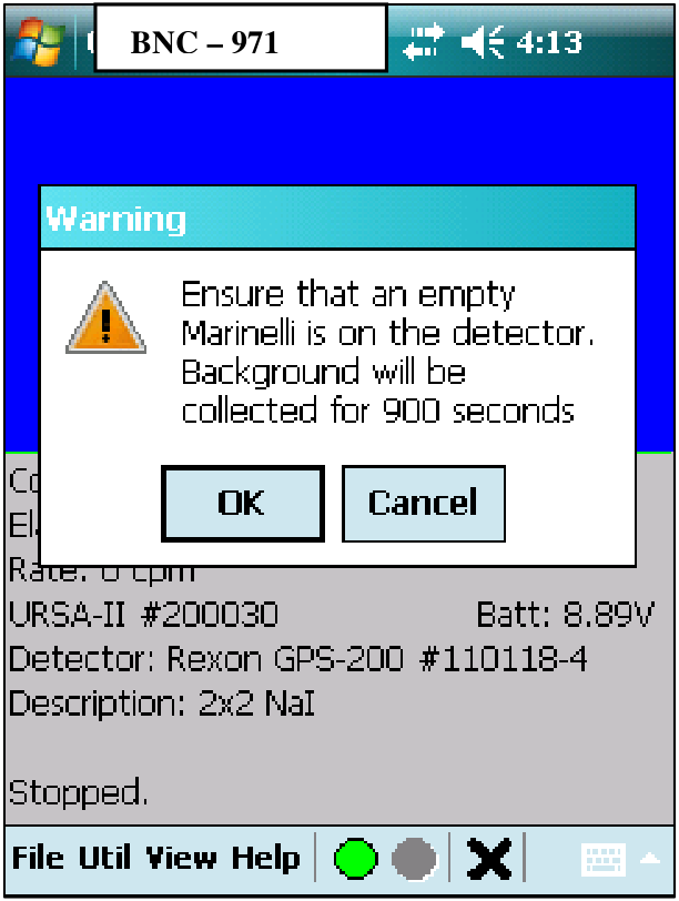 Warning pop-up asking the user to ensure an empty Marinelli is on the detector, noting a 900 second collection.