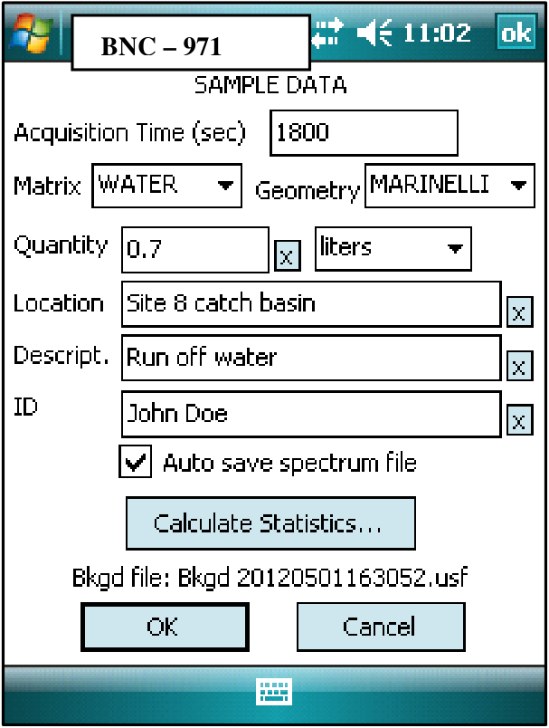 Sample Data screen with Acquisition Time, Matrix and Geometry dropdowns, Quantity and units, Location, Description, ID, an Auto save spectrum file checkbox, and a Calculate Statistics button.