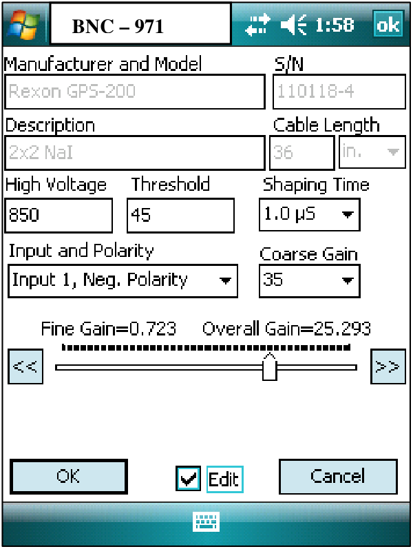 Detector Settings screen in edit mode, with High Voltage, Threshold, Shaping Time, Input and Polarity, Coarse Gain, and Fine Gain fields and a fine-gain slider.