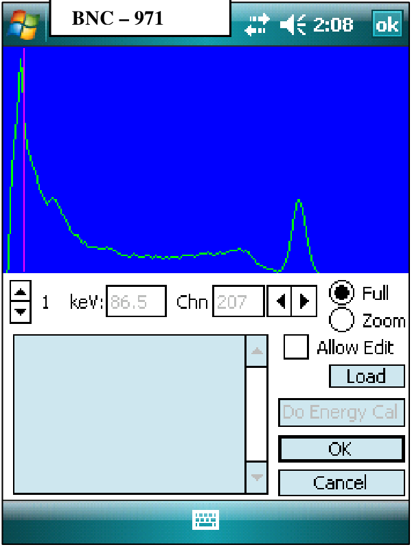 Energy Calibration dialog showing the spectrum, a keV entry box, channel field, Allow Edit checkbox, Full and Zoom options, and the Do Energy Cal button.