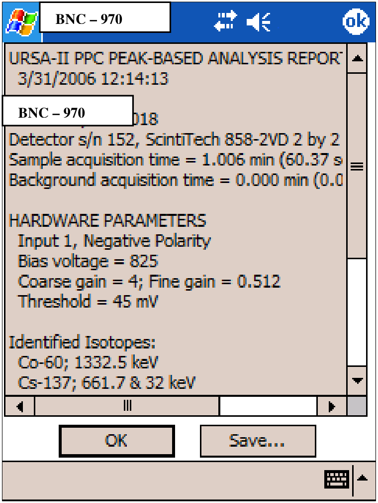 Peak-based analysis report screen showing the generated date, detector, acquisition times, hardware parameters, and identified isotopes, with a Save button.