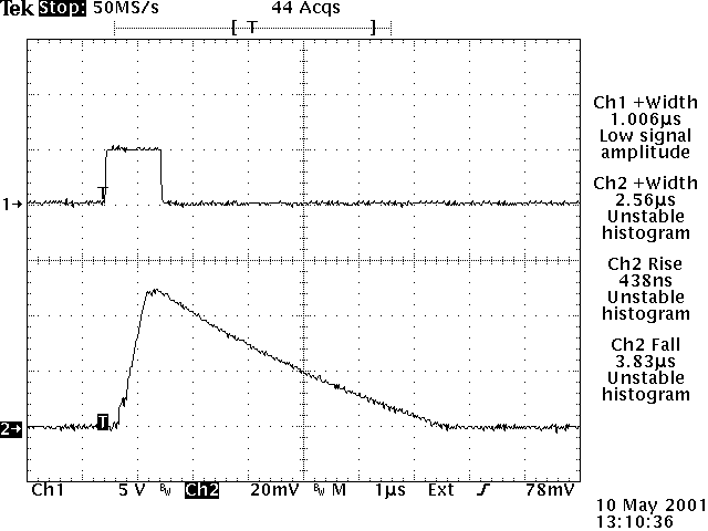 Oscilloscope capture: 1 microsecond pulse width with a wire interconnection, 3.8 microsecond fall time and 438 ns rise time
