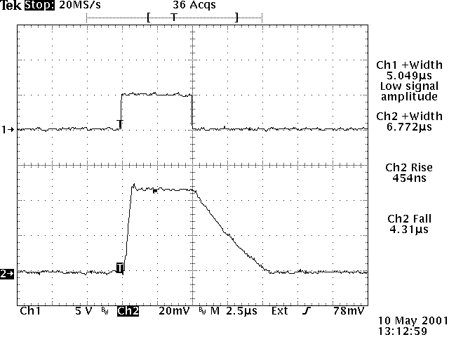 Oscilloscope capture: 5 microsecond pulse width with a wire interconnection, 4.3 microsecond fall time and 454 ns rise time
