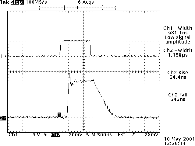 Oscilloscope capture: 1 microsecond pulse width with a stripline interconnection, 545 ns fall time and 55 ns rise time