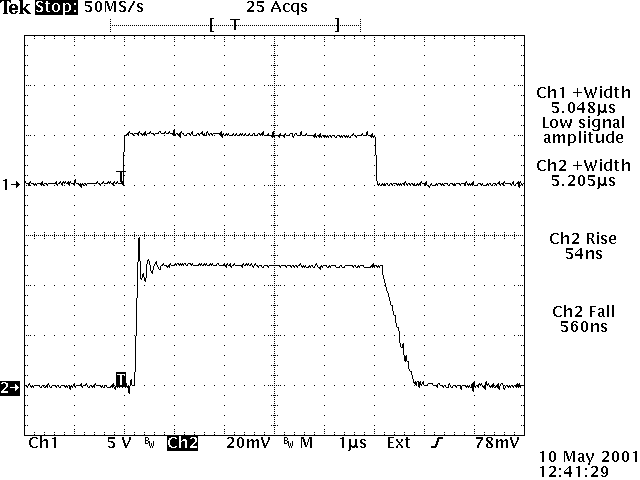 Oscilloscope capture: 5 microsecond pulse width with a stripline interconnection, 560 ns fall time and 54 ns rise time