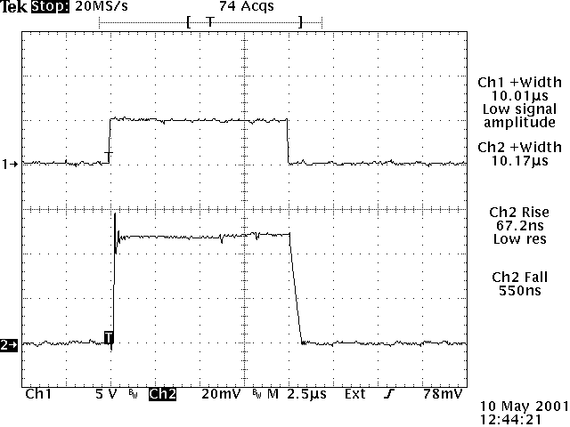 Oscilloscope capture: 10 microsecond pulse width with a stripline interconnection, 550 ns fall time and 67 ns rise time