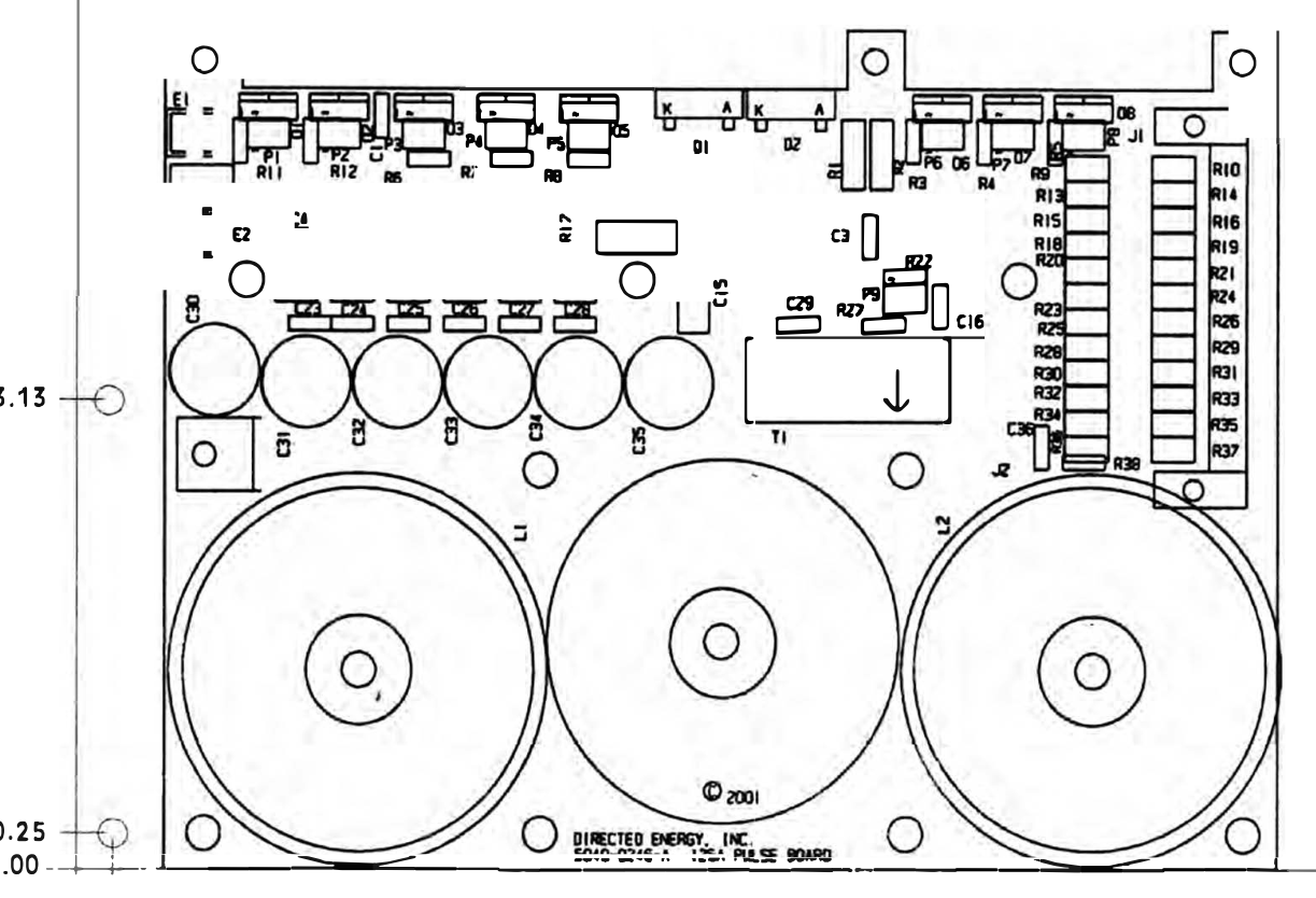 PCO-6141 dimensional outline drawing showing the printed circuit board, three toroidal inductors, mounting holes, and overall dimensions