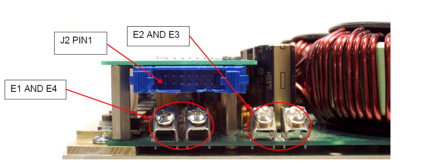 PCO-6141 photo showing the J2 input connector and the E1, E2, E3, E4 +24 VDC screw-terminal locations