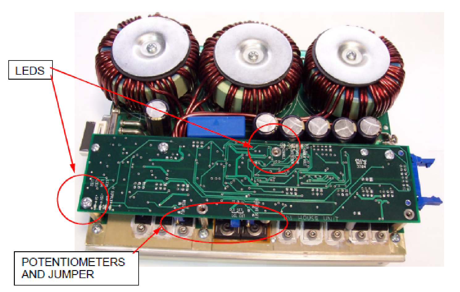 PCO-6141 photo identifying the LEDs, control potentiometers, and jumper locations on the logic circuit board