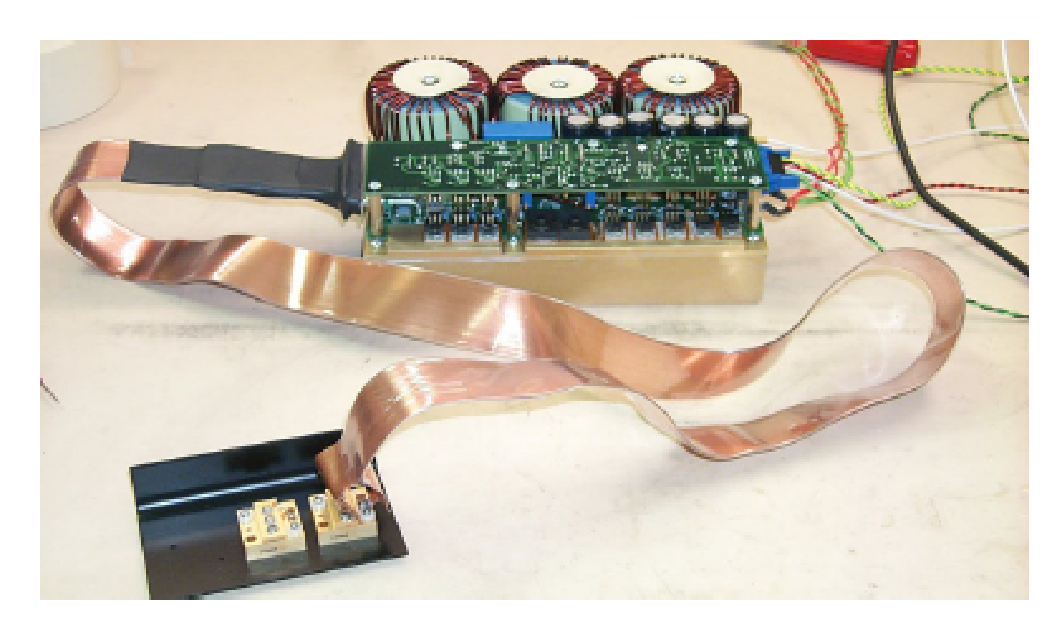 Photo of the PCO-6141 test setup, with the driver module connected through a stripline to a laser diode fixture