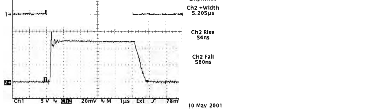 Oscilloscope capture of a 5 microsecond pulse using a stripline: Ch2 rise 54 ns, Ch2 fall 560 ns