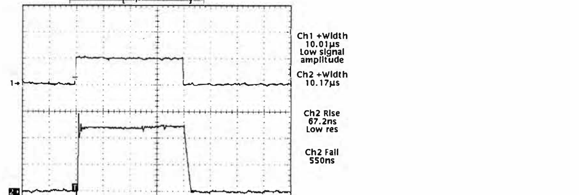 Oscilloscope capture of a 10 microsecond pulse using a stripline: Ch2 rise 67.2 ns, Ch2 fall 550 ns