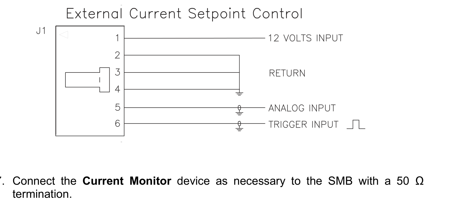 External current setpoint control wiring diagram for connector J1, with pin 5 driven by an external analog input