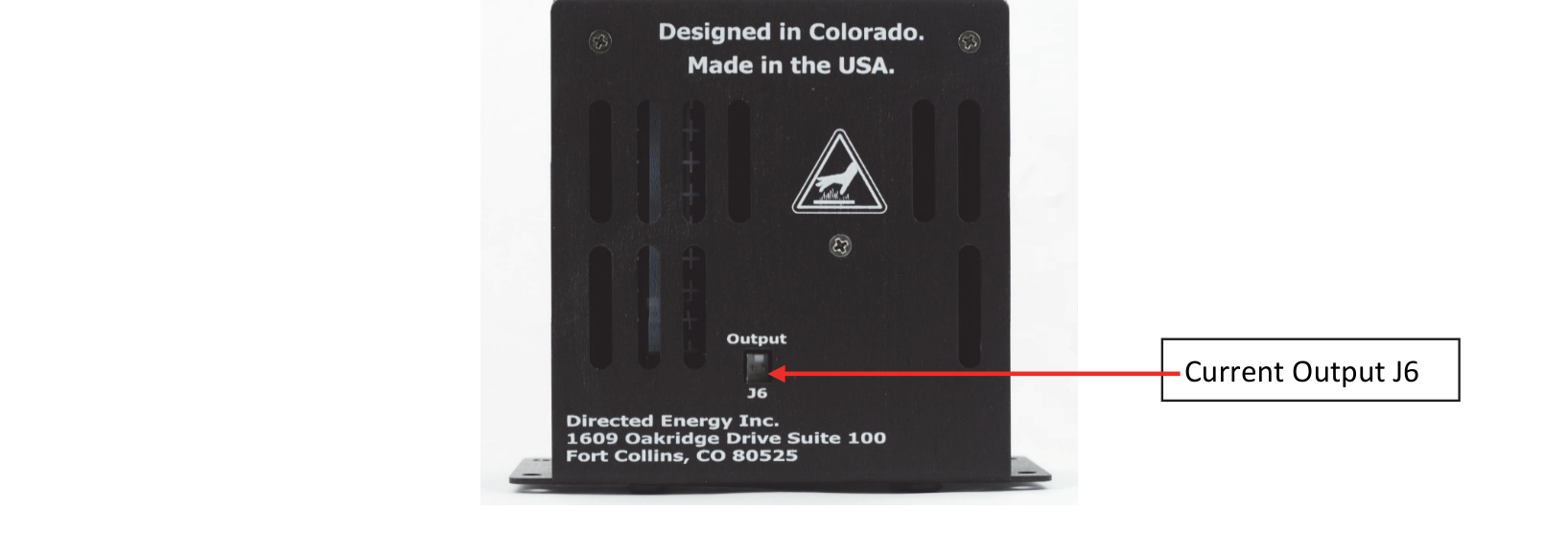PIM-Mini-200 rear panel showing the Current Output J6 socket, labeled Designed in Colorado, Made in the USA