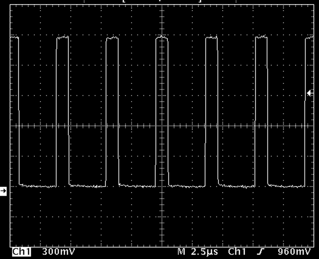 PVX-4150 244 kHz frequency waveform at 1500 V, 2.5 microseconds per division