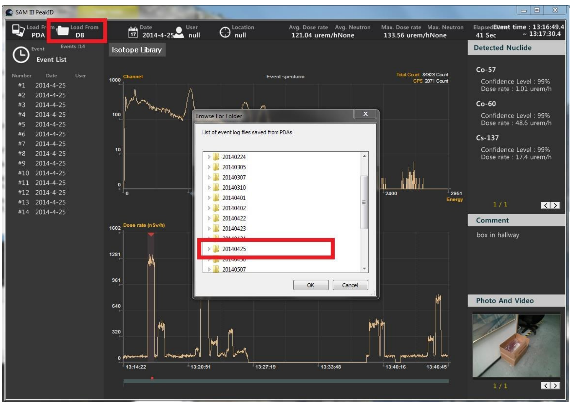 Figure 5.6. Event Log download from the PC database showing the database browsing window